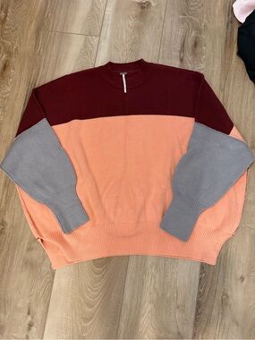 Free People Colorblock Crewneck Sweater in Burgundy, Peach & Gray